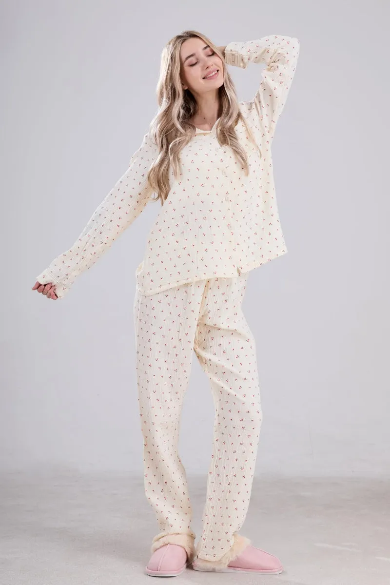 Chouyatou Womens Cotton Gauze Pajama Set Long Sleeve Button Up Shirt and Pants 2 Piece Cute Printed Pj Set