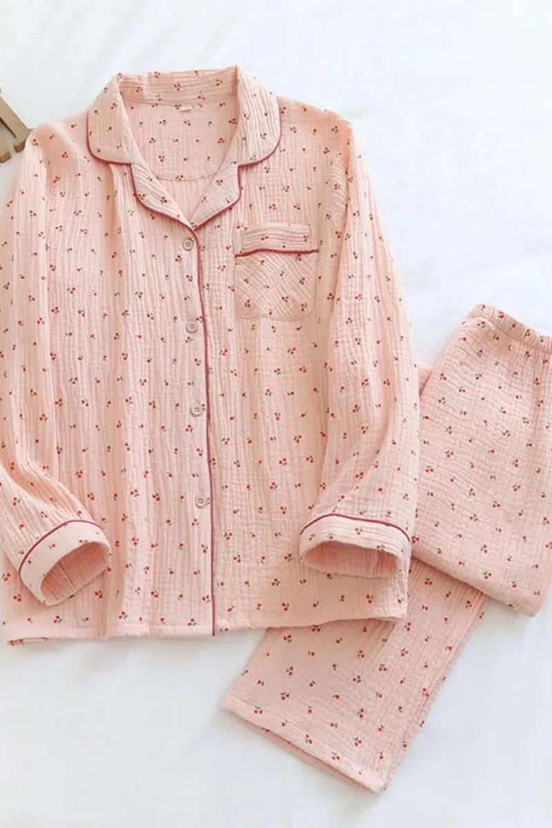 Chouyatou Womens Cotton Gauze Pajama Set Long Sleeve Button Up Shirt and Pants 2 Piece Cute Printed Pj Set