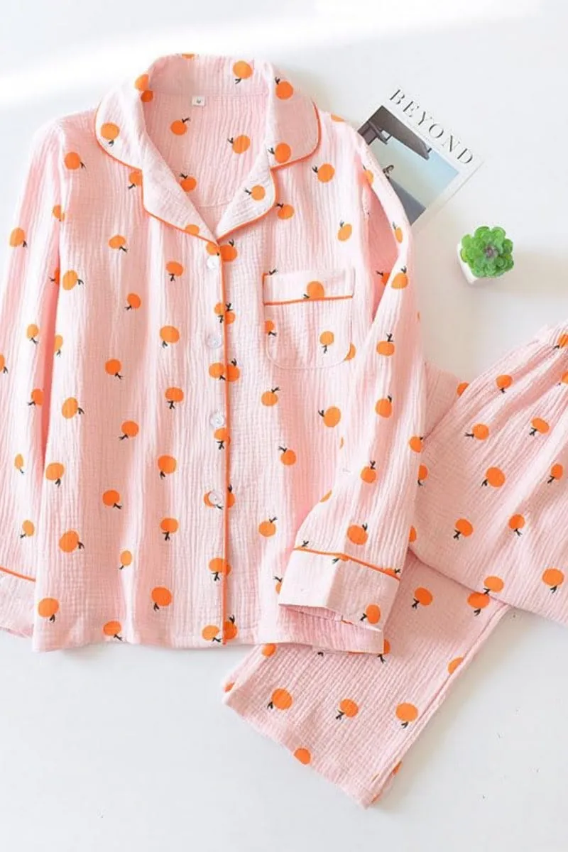 Chouyatou Womens Cotton Gauze Pajama Set Long Sleeve Button Up Shirt and Pants 2 Piece Cute Printed Pj Set