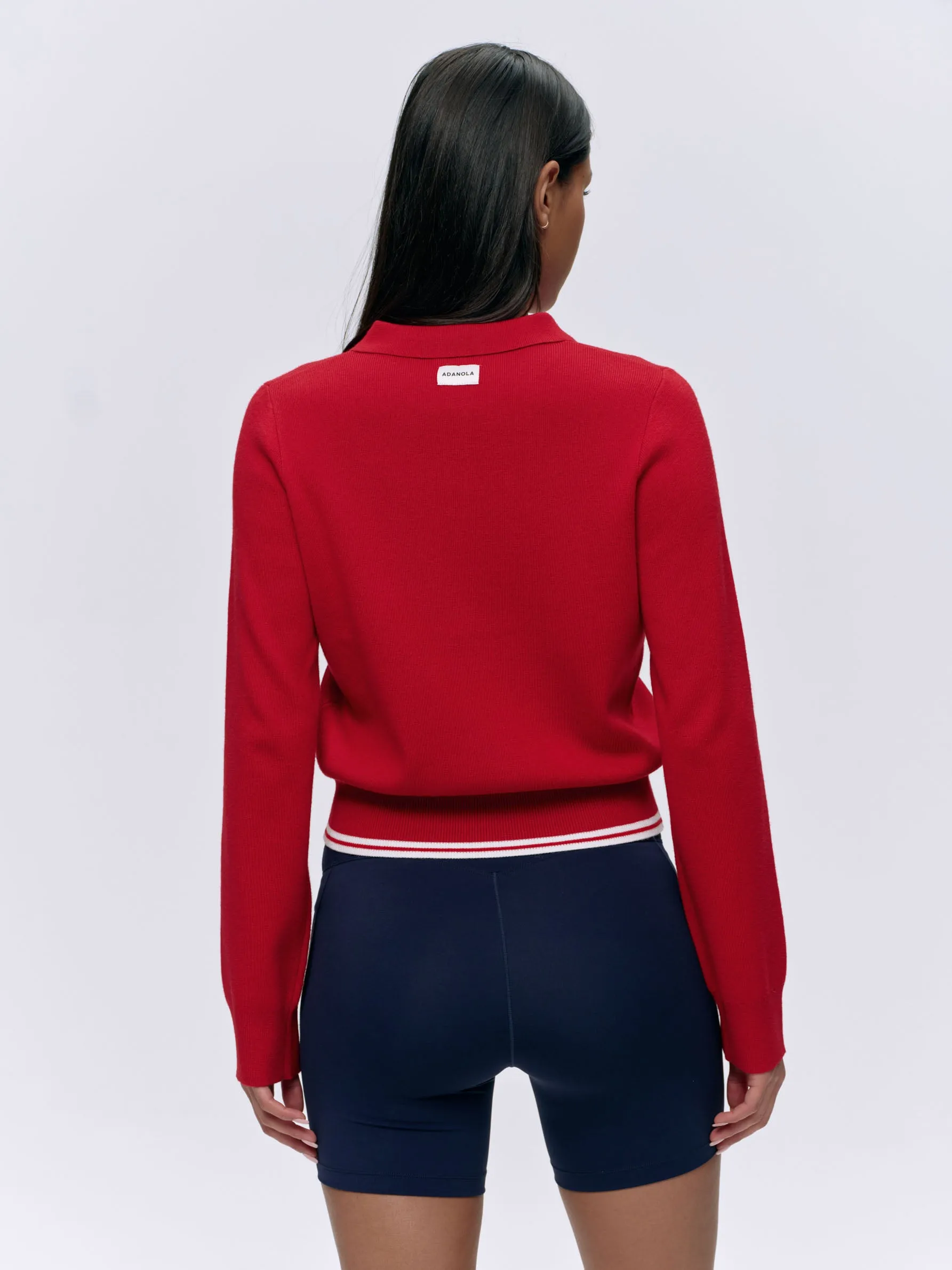 Collar Button Up Knit Crop Sweatshirt - Classic Red