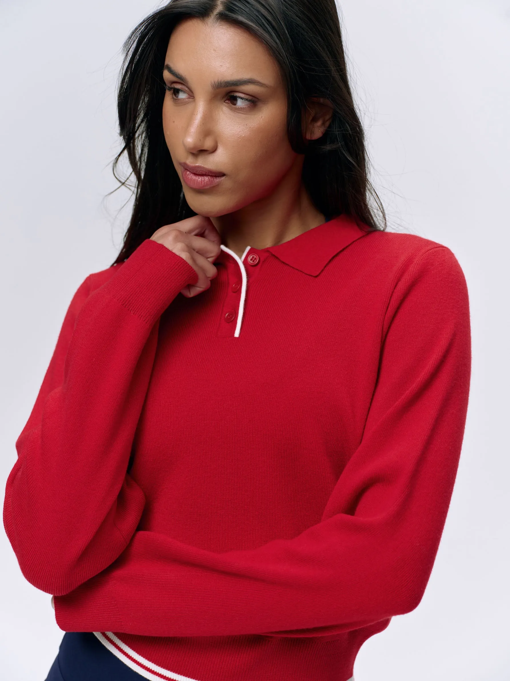 Collar Button Up Knit Crop Sweatshirt - Classic Red