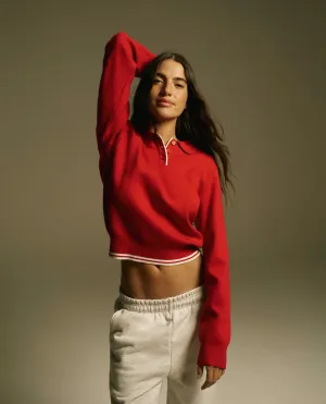 Collar Button Up Knit Crop Sweatshirt - Classic Red