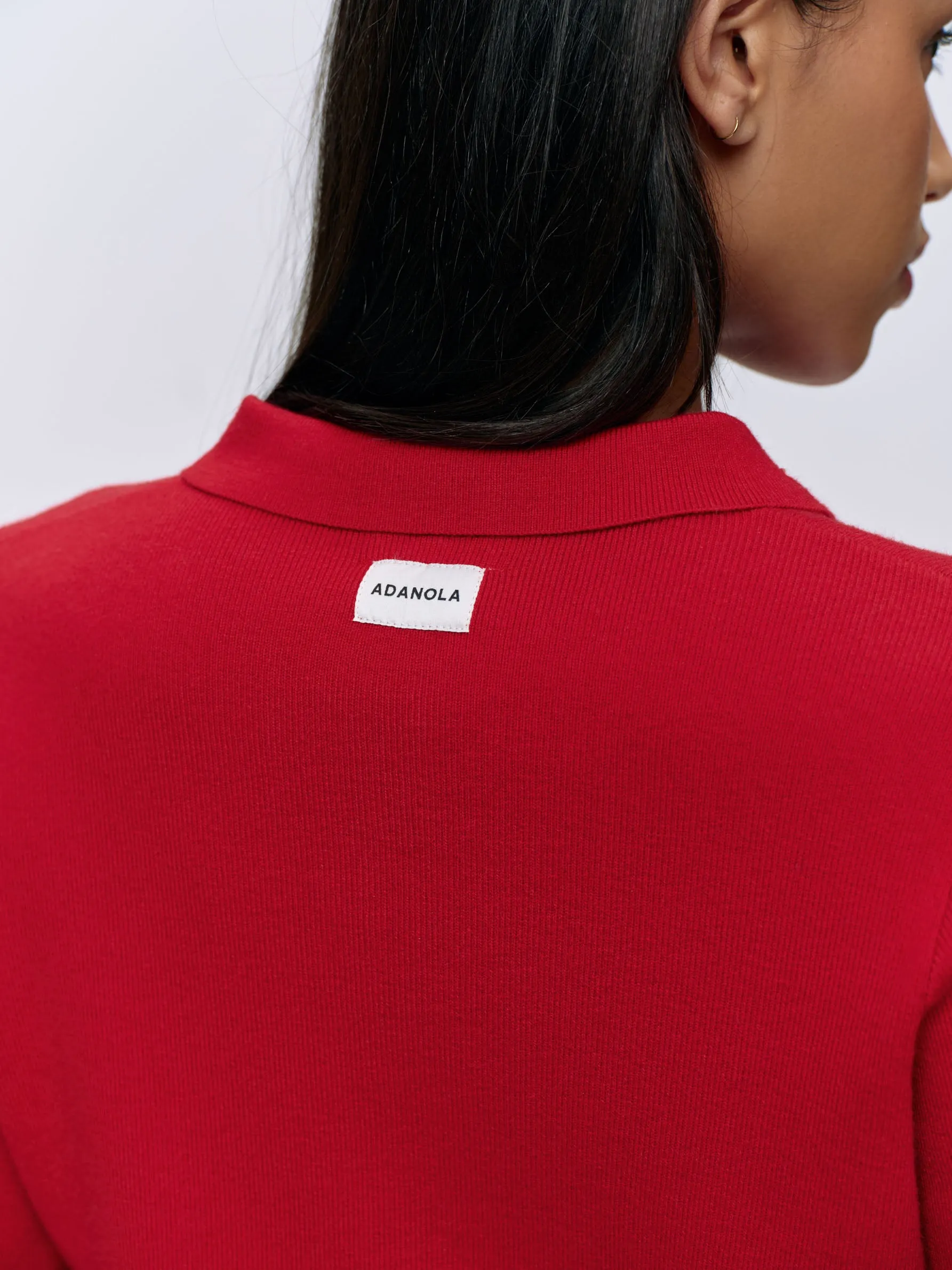 Collar Button Up Knit Crop Sweatshirt - Classic Red