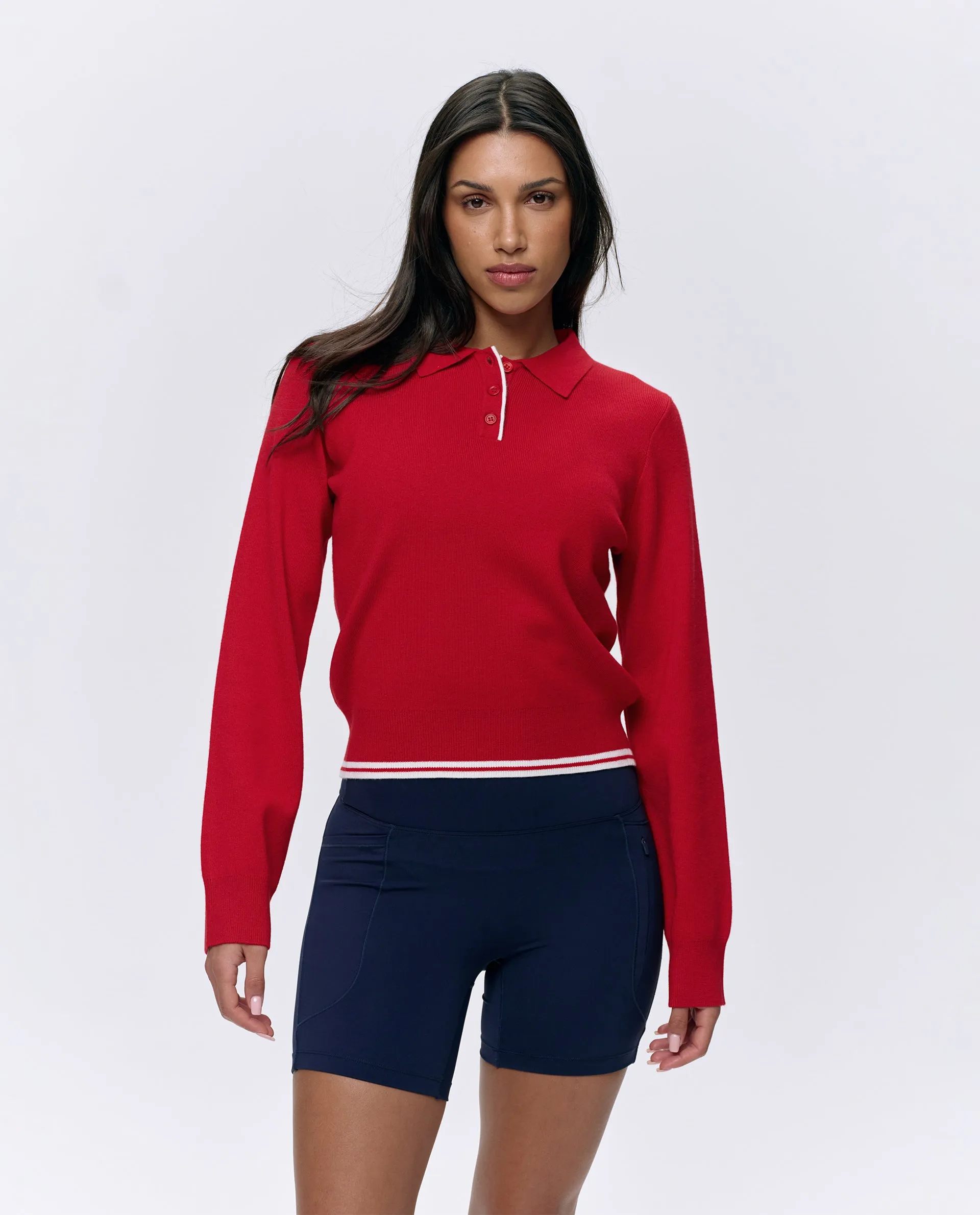 Collar Button Up Knit Crop Sweatshirt - Classic Red