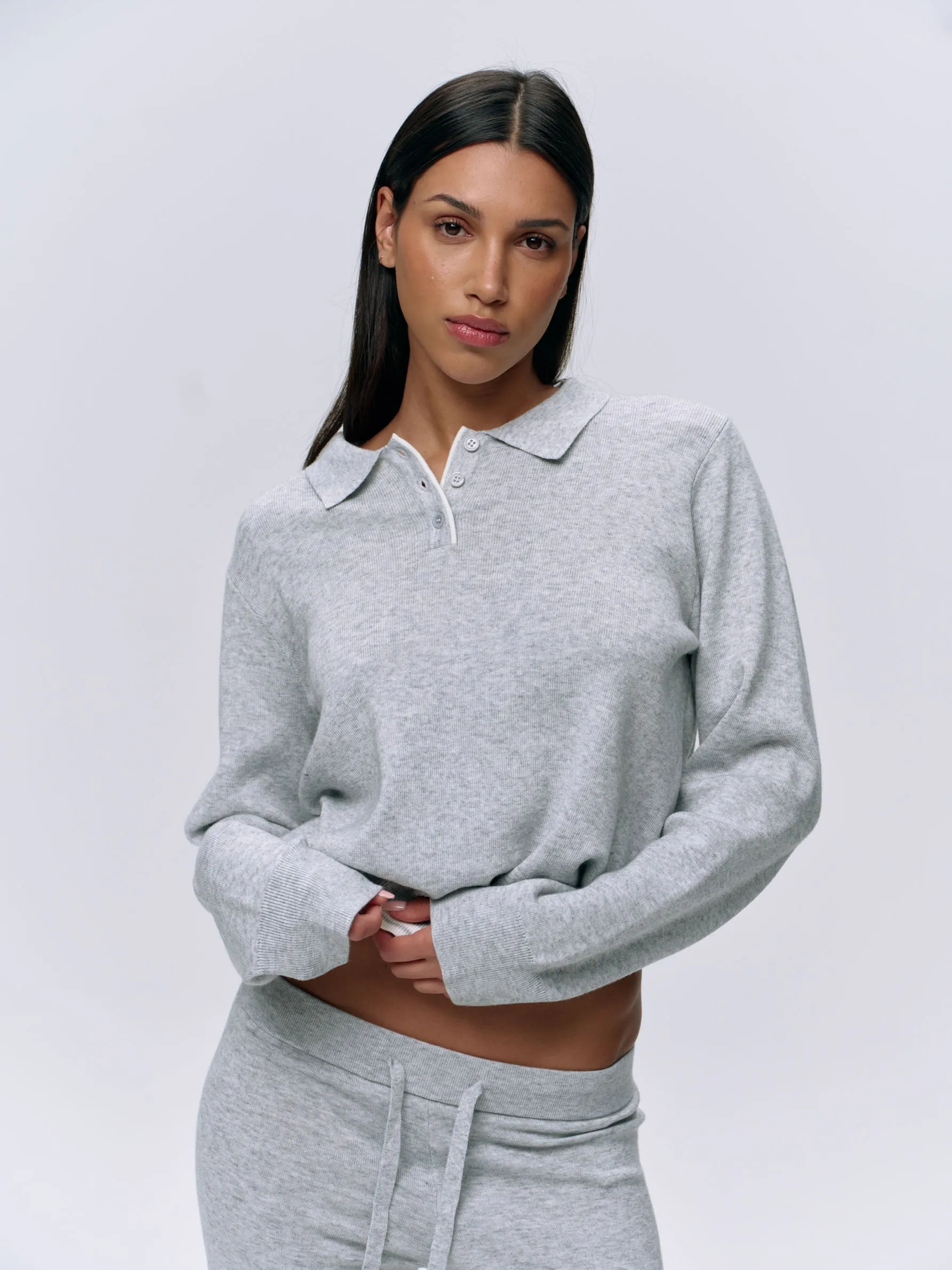 Collar Button Up Knit Crop Sweatshirt - Light Grey Melange