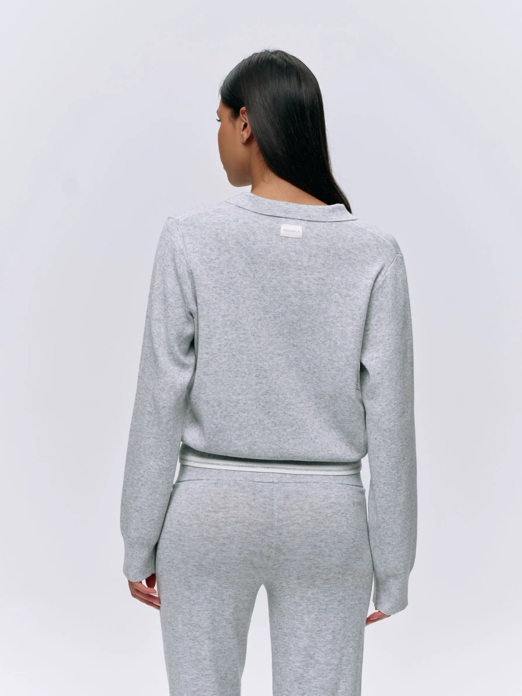 Collar Button Up Knit Crop Sweatshirt - Light Grey Melange