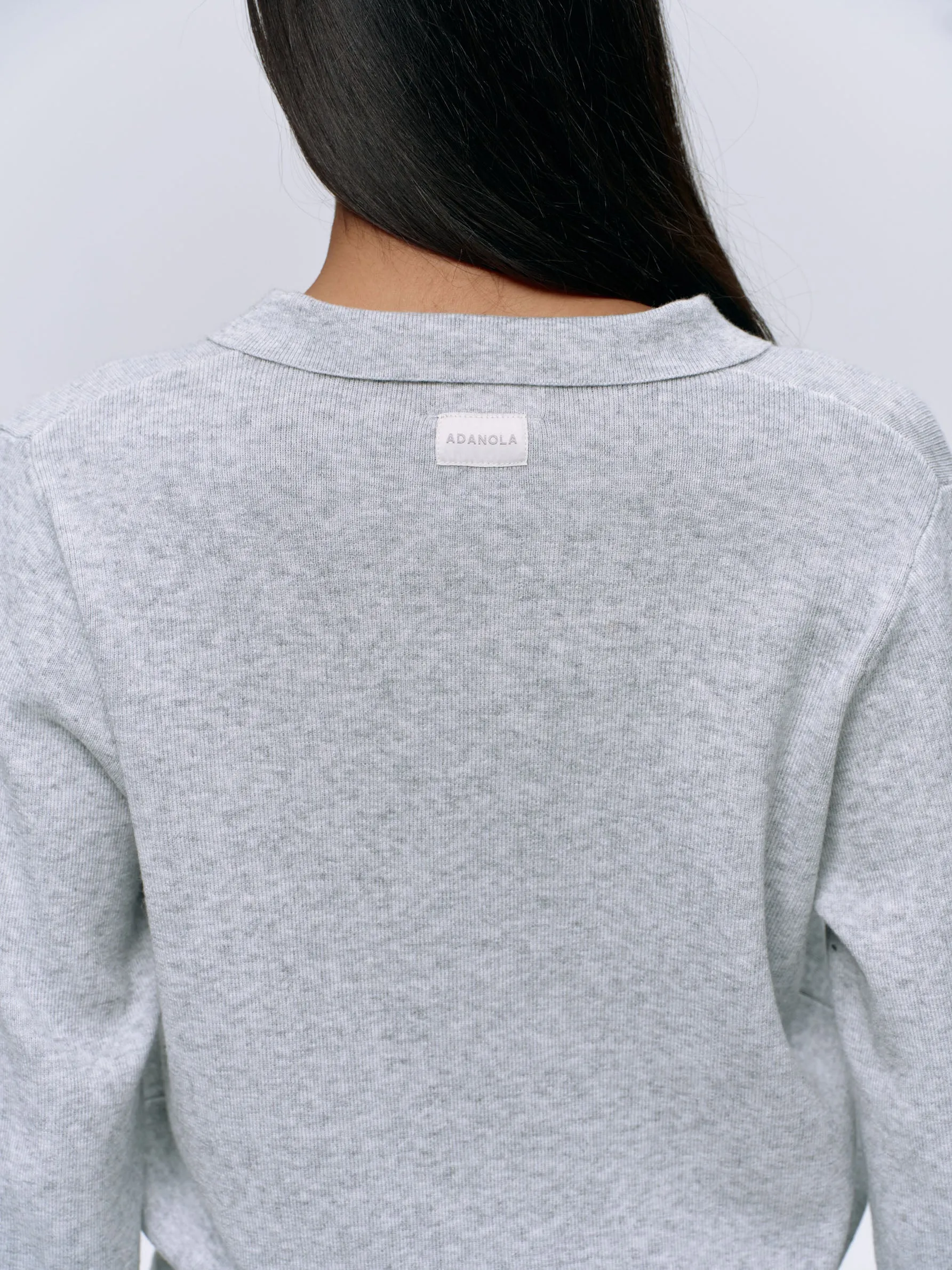Collar Button Up Knit Crop Sweatshirt - Light Grey Melange