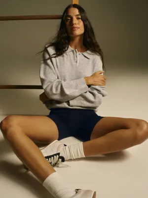Collar Button Up Knit Crop Sweatshirt - Light Grey Melange