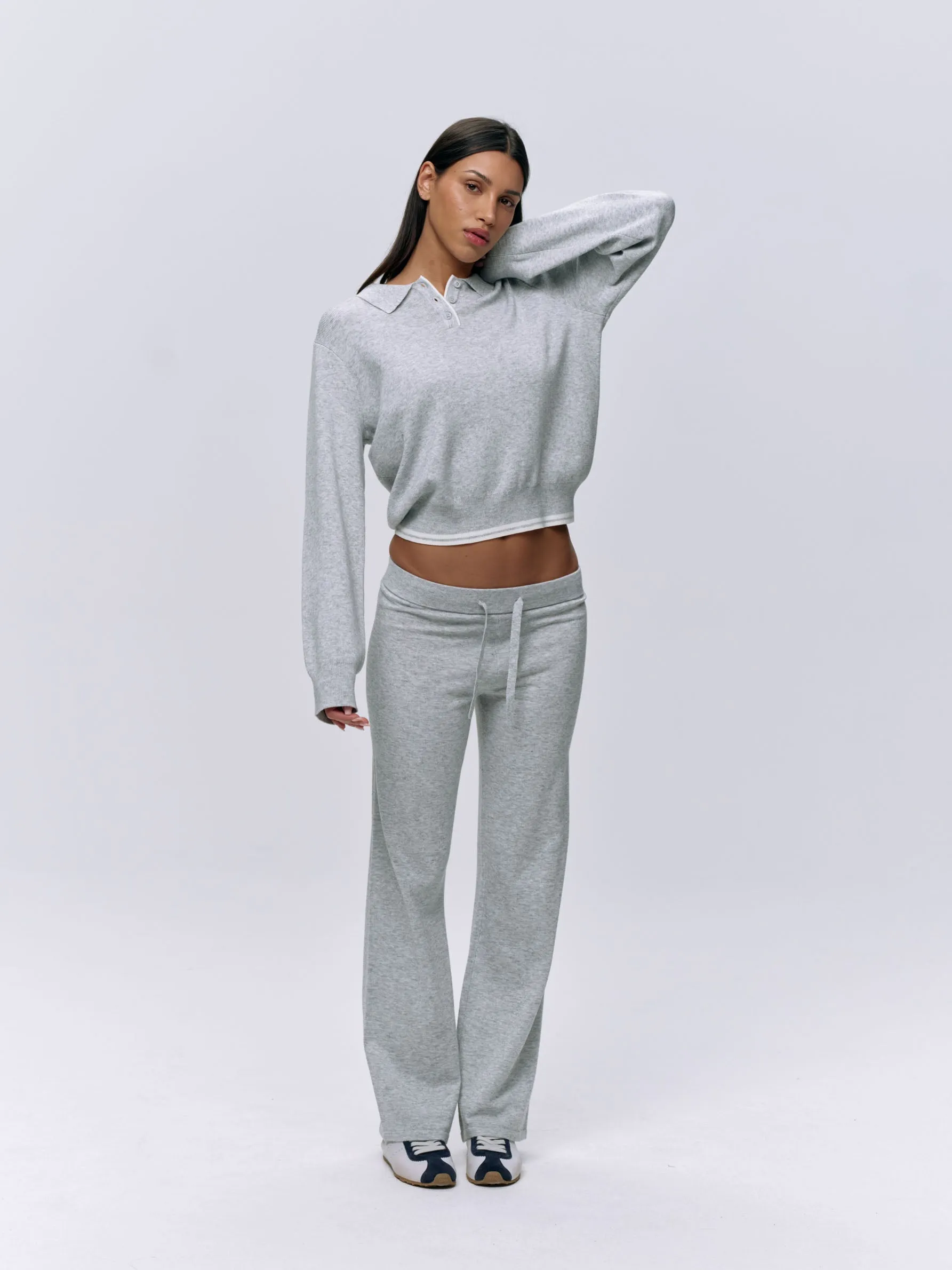 Collar Button Up Knit Crop Sweatshirt - Light Grey Melange