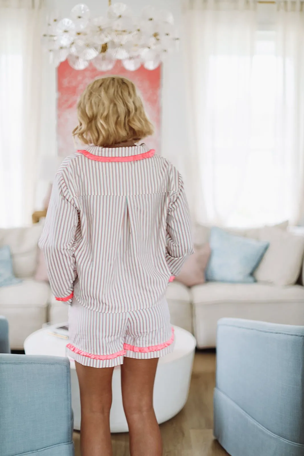 Cutie in Stripes Short and Top Pajama Set - Pink Blue and White