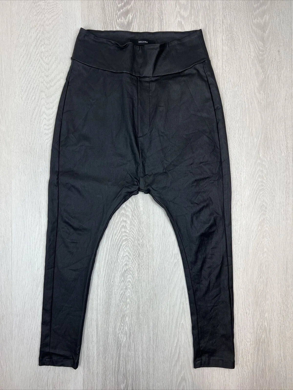 Decjuba Womens Faux Leather Drop Crotch Stretch Black Fitted Trouser Size 8