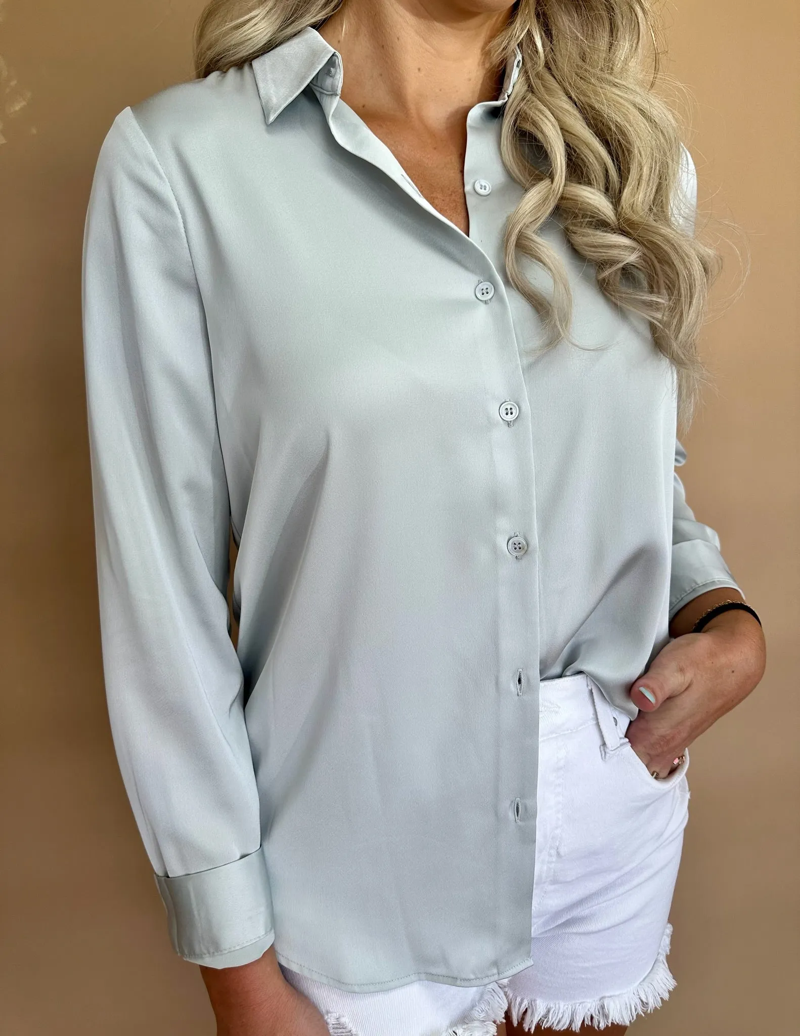 Dove Grey Satin Button Down Top