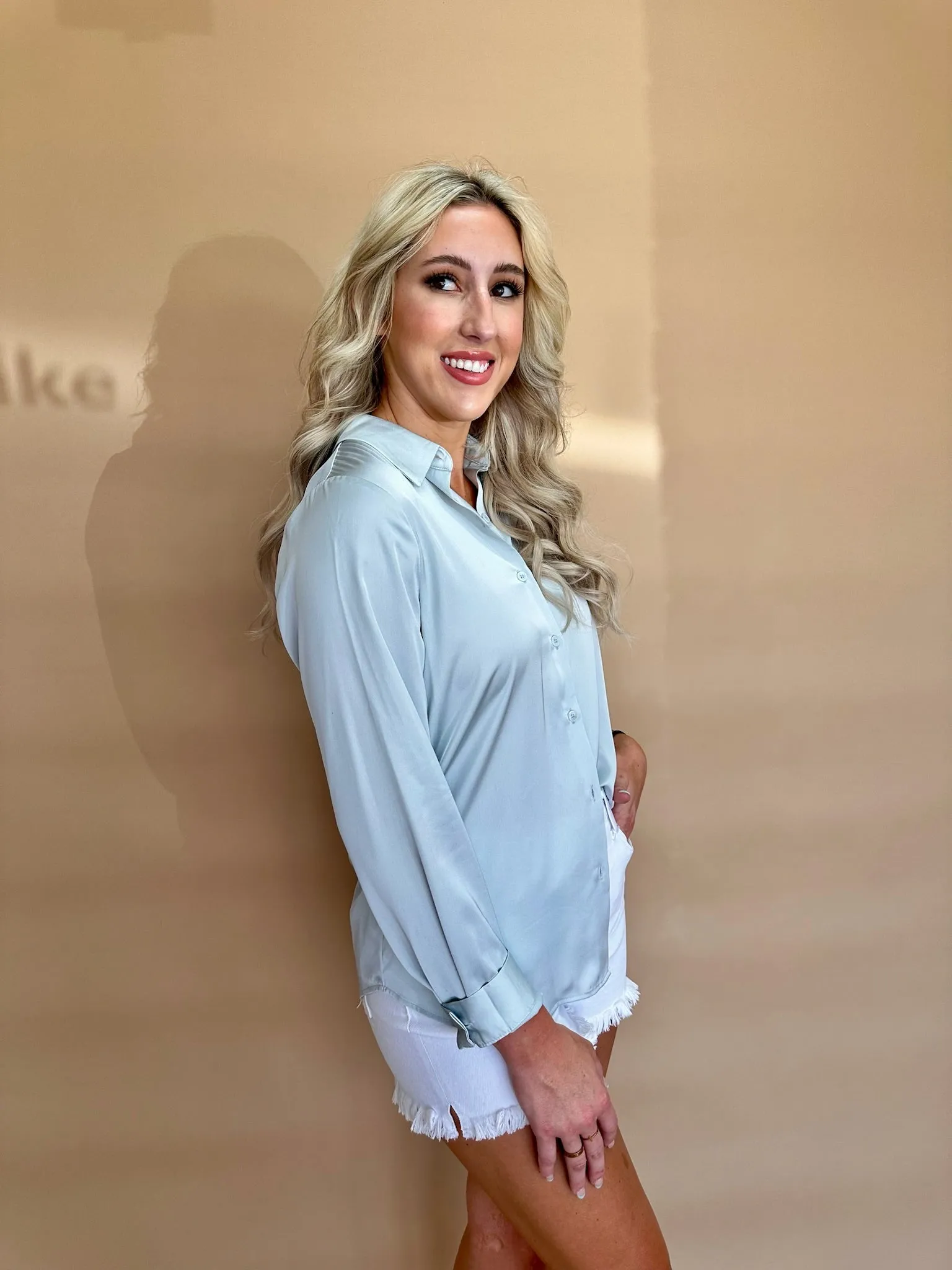 Dove Grey Satin Button Down Top