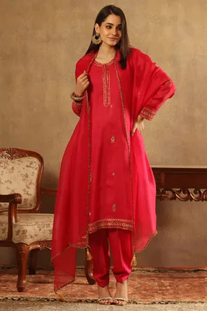 Embroidered Fuchsia Pink Pure Silk Organza Kurta Set