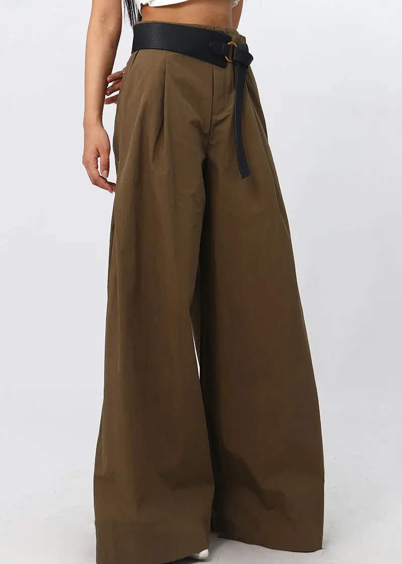 French Brown High Waist Patchwork Cotton Wide Leg Pants Spring