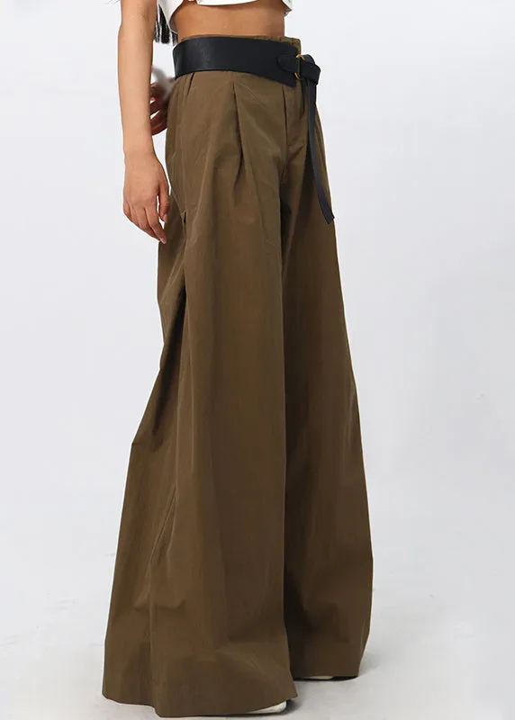 French Brown High Waist Patchwork Cotton Wide Leg Pants Spring