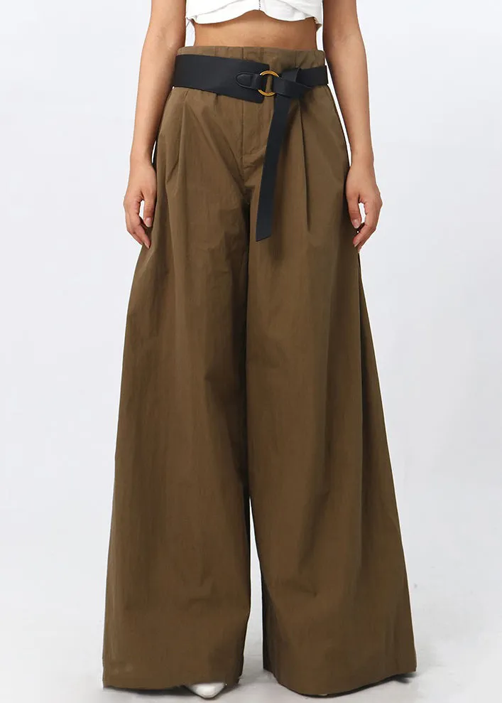 French Brown High Waist Patchwork Cotton Wide Leg Pants Spring