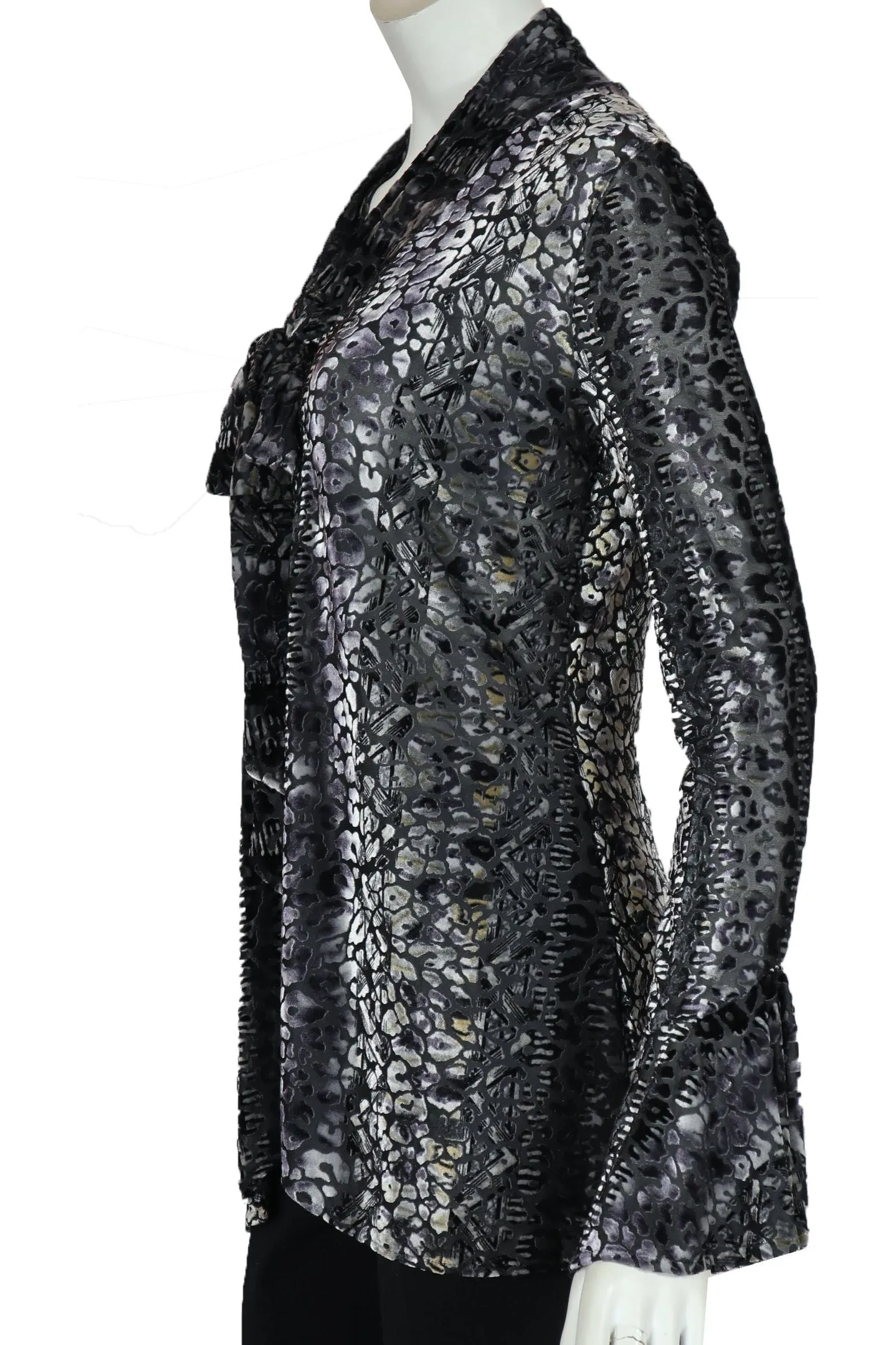 GINA Long Bell Sleeves Neckline with Tie Burnout Velvet Tunic Top