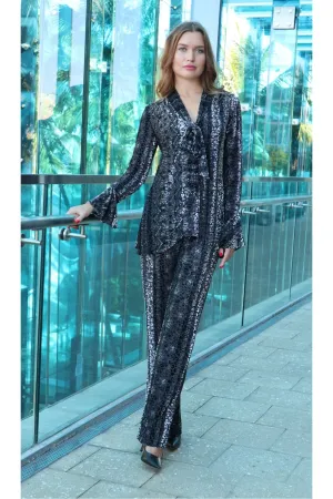 GINA Long Bell Sleeves Neckline with Tie Burnout Velvet Tunic Top