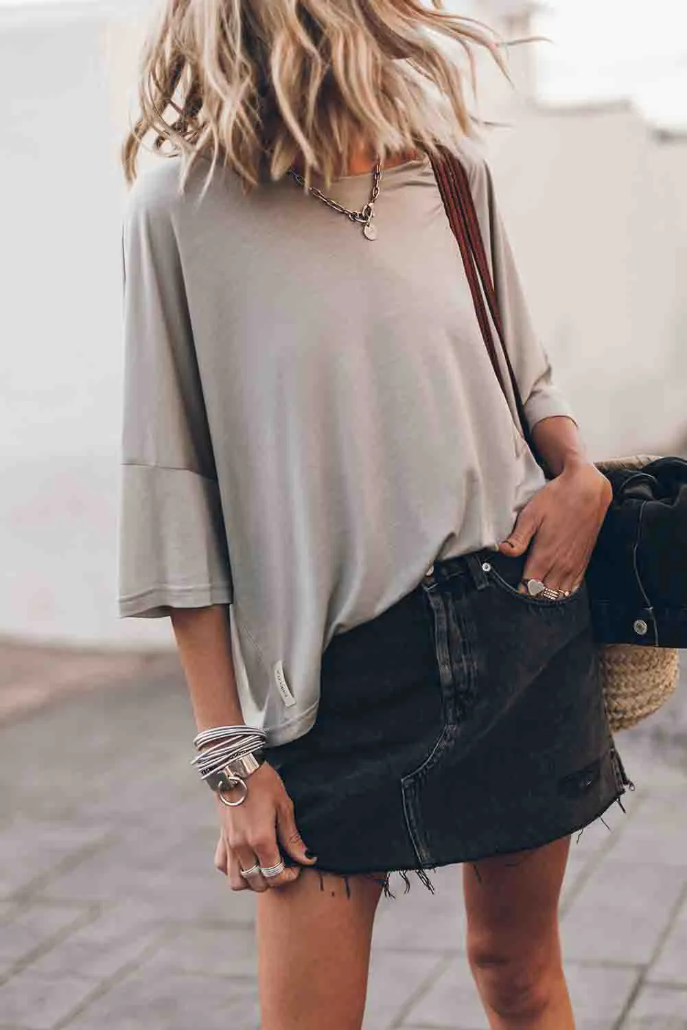 Gray Oversized Flowy Dropped Shoulder T-shirt