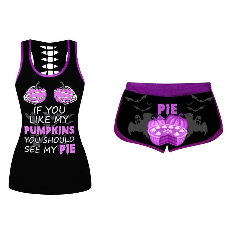 Halloween Pumpkin & Pie Pattern Sleeveless Top & Shorts Set