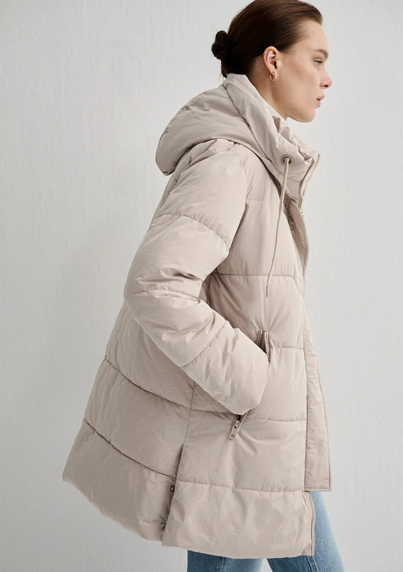 Hooded Quilted Beige Puffer Jacket