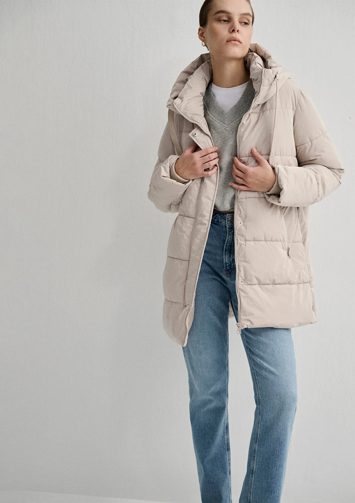 Hooded Quilted Beige Puffer Jacket