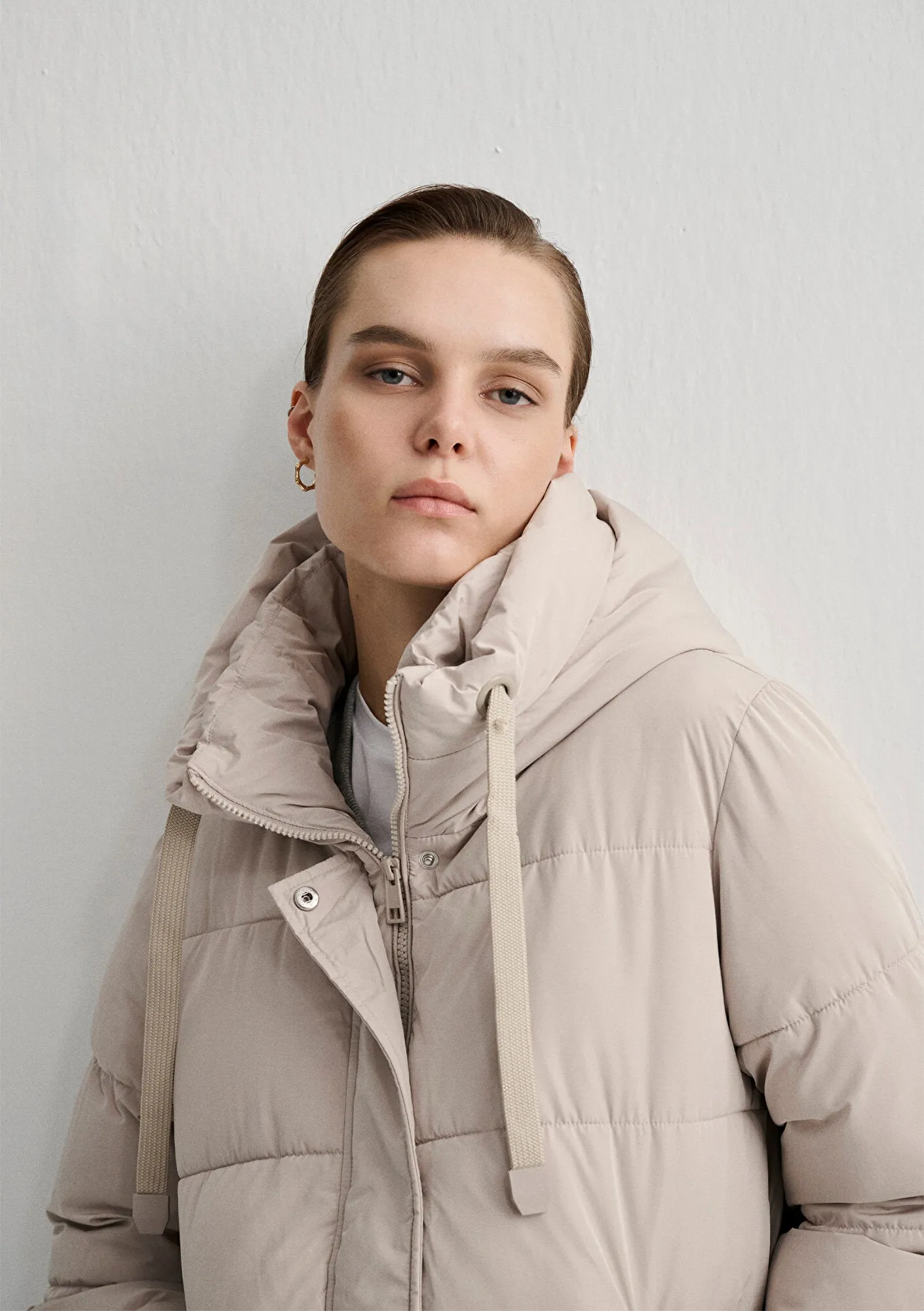 Hooded Quilted Beige Puffer Jacket