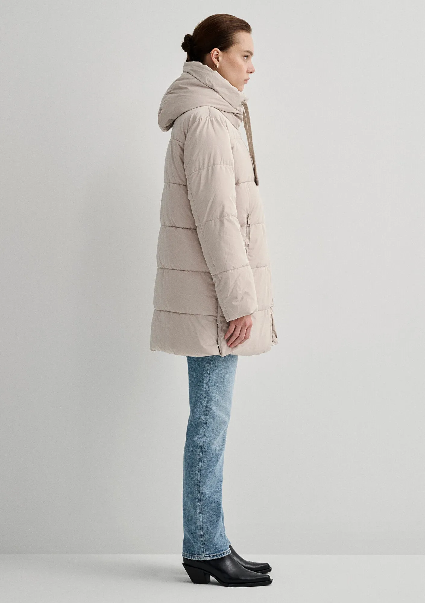Hooded Quilted Beige Puffer Jacket