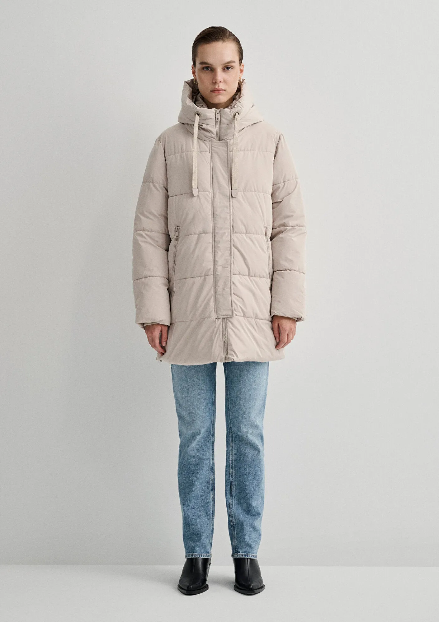 Hooded Quilted Beige Puffer Jacket