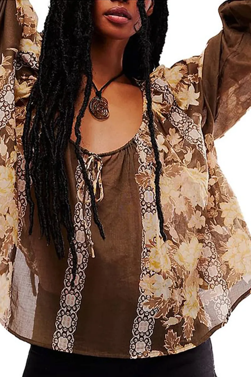 HTR1303 Boho Floral Chiffon Blouse
