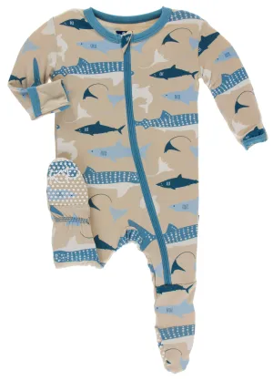 KicKee Pants Burlap Sharks Footie with Zipper
