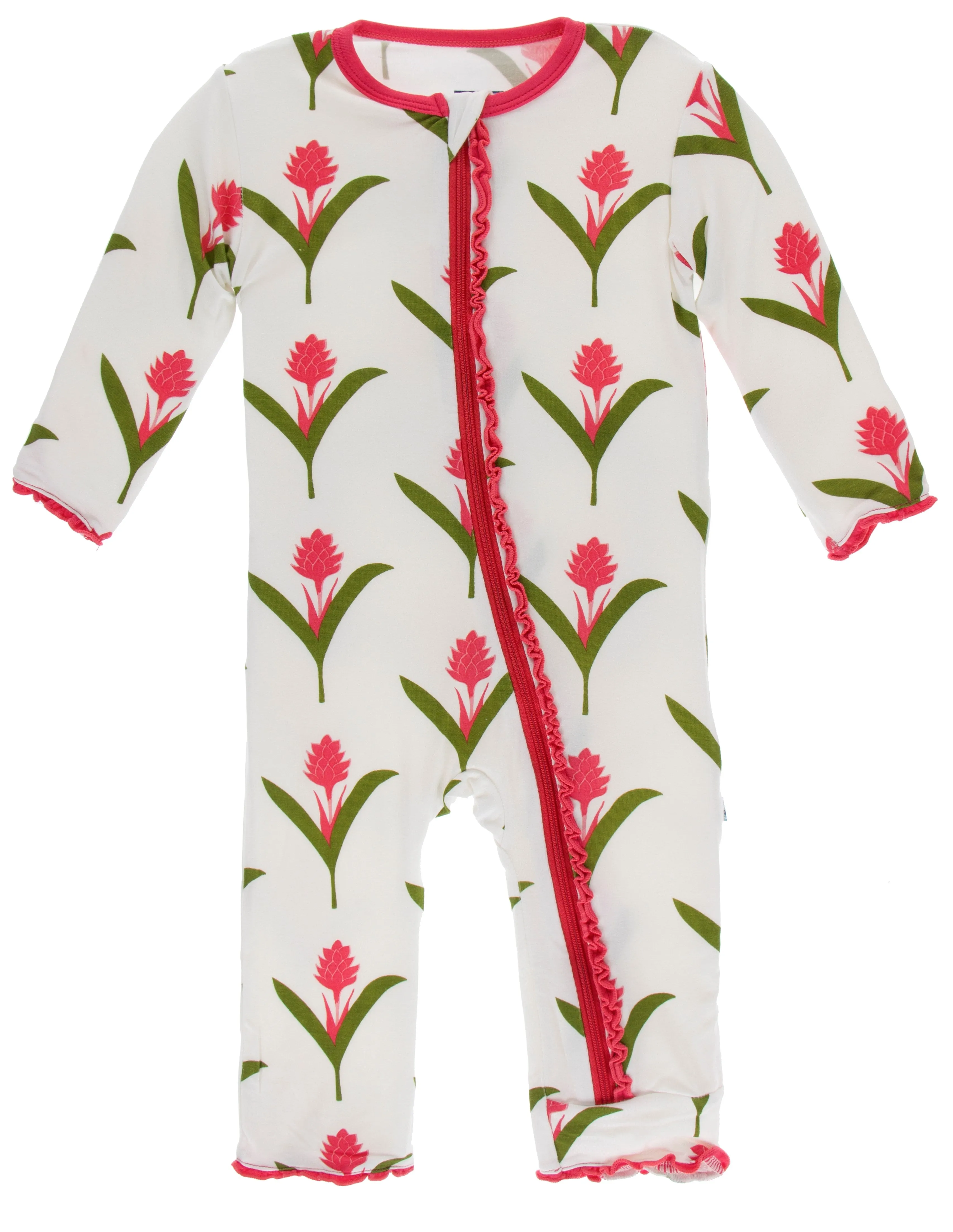 KicKee Pants Natural Red Ginger Flowers Muffin Ruffle Coverall with Zipper
