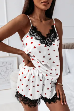 Lacy V Neck Valentine Heart Print Pajamas Set