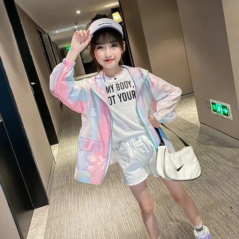 Lightweight Kids Sun Suit Top Jackets Full Zip Hooded Lovely Girls Coats