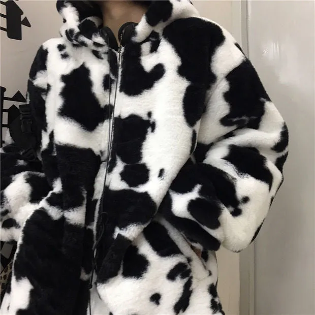 Loose Cow Pattern Hooded Fleece Jackets