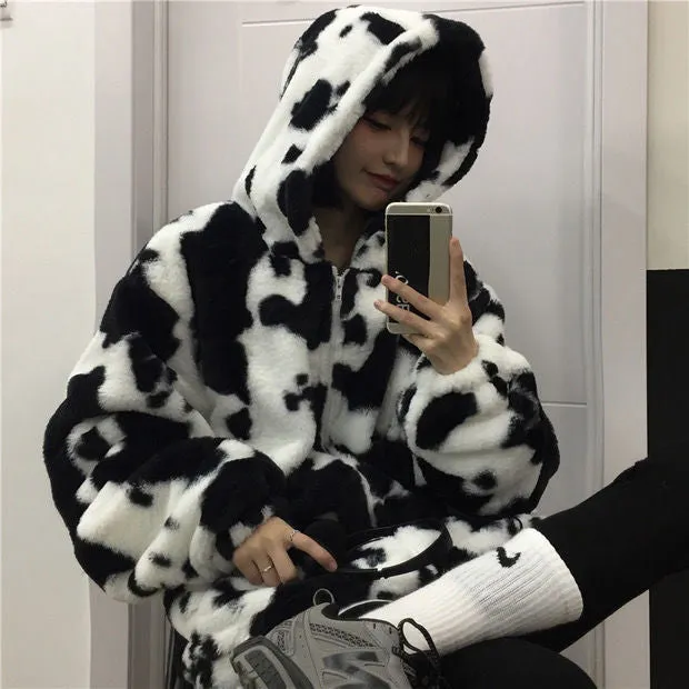 Loose Cow Pattern Hooded Fleece Jackets