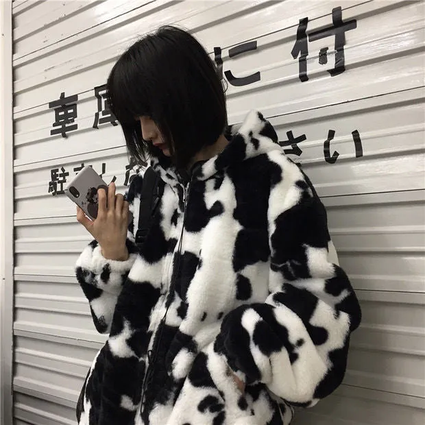 Loose Cow Pattern Hooded Fleece Jackets