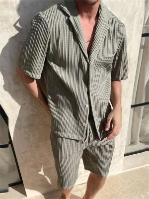 Loose Short Sleeve Lapel Stripe Outfits