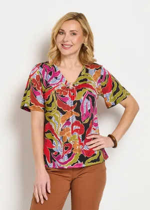 Loose short V-neck printed t-shirt