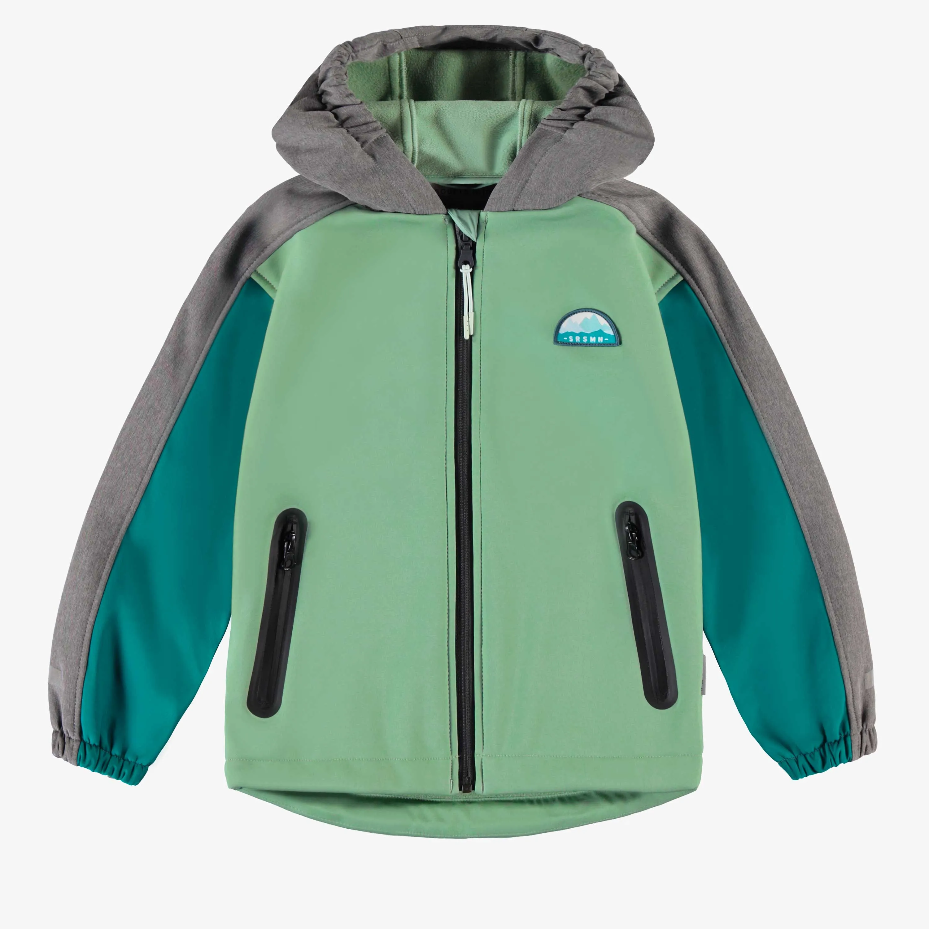 Manteau à capuchon vert, turquoise et gris en coquille souple, enfant || Green, turquoise and grey hooded coat in soft shell, child