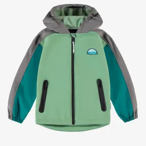 Manteau à capuchon vert, turquoise et gris en coquille souple, enfant || Green, turquoise and grey hooded coat in soft shell, child