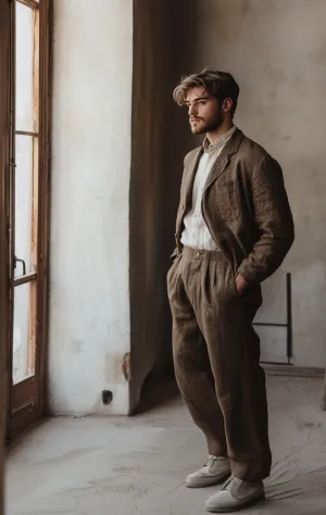 Men’s Brown 70s-Inspired Flare Trousers – Vintage Wide-Leg Linen Pants for Summer