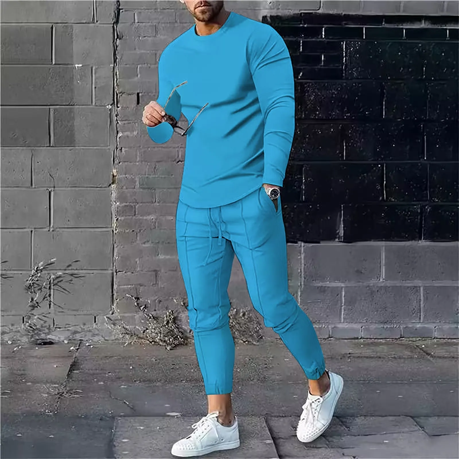 Mens Solid Color Sky Blue Tracksuit Sets