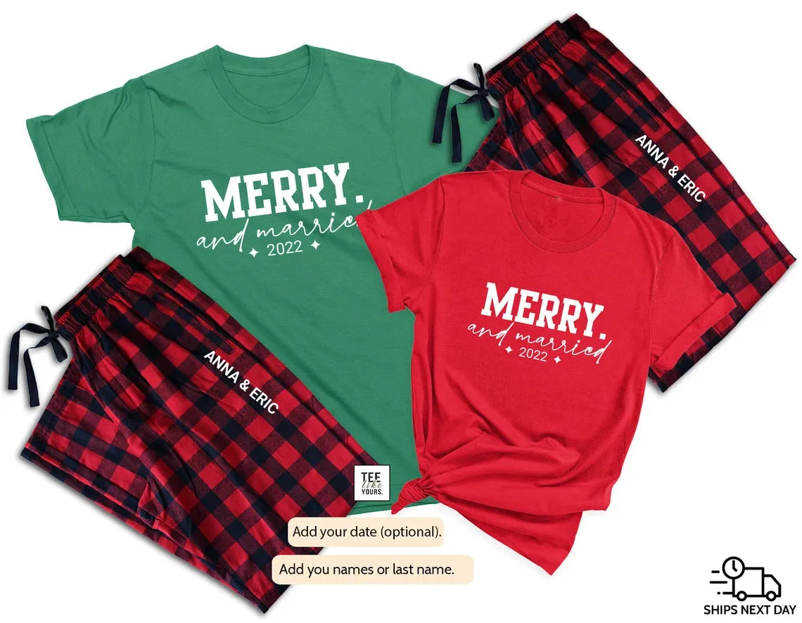 Merry & Married Couple Christmas Pajamas | Personalized Couple Matching Pajamas | Holiday Pajamas for Husband, Wife| Newlywed Christmas Gift