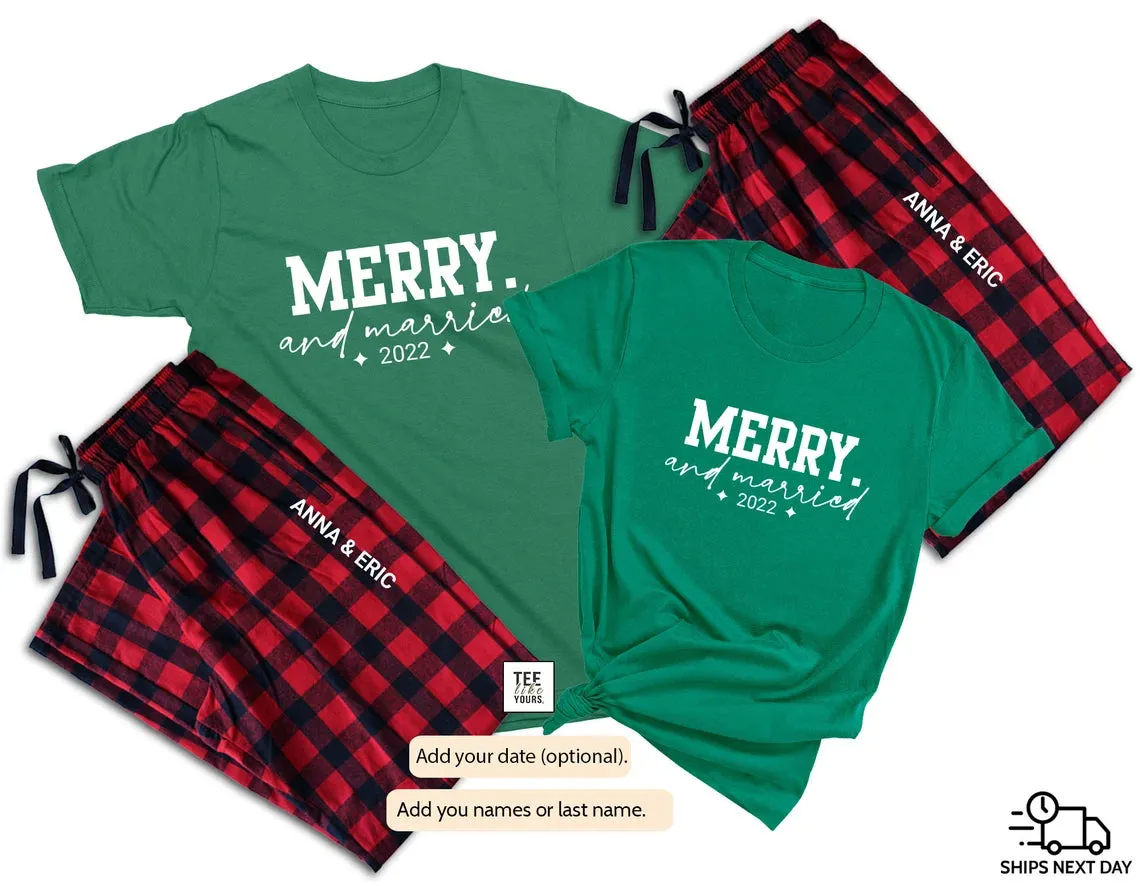 Merry & Married Couple Christmas Pajamas | Personalized Couple Matching Pajamas | Holiday Pajamas for Husband, Wife| Newlywed Christmas Gift