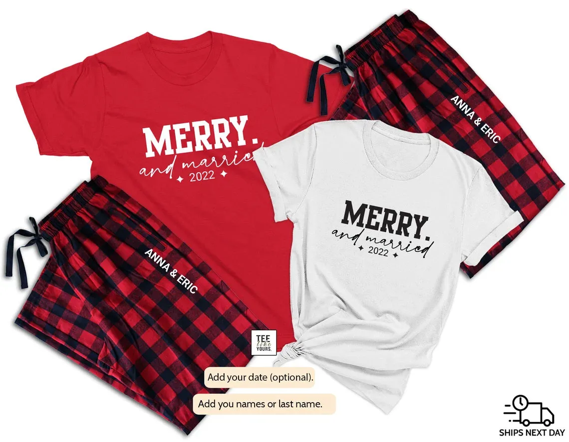 Merry & Married Couple Christmas Pajamas | Personalized Couple Matching Pajamas | Holiday Pajamas for Husband, Wife| Newlywed Christmas Gift