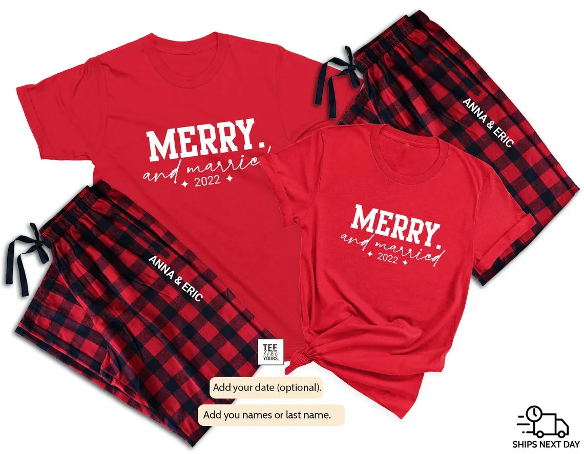 Merry & Married Couple Christmas Pajamas | Personalized Couple Matching Pajamas | Holiday Pajamas for Husband, Wife| Newlywed Christmas Gift