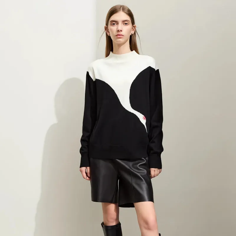 Mock Neck Crane Jacquard Loose Sweater