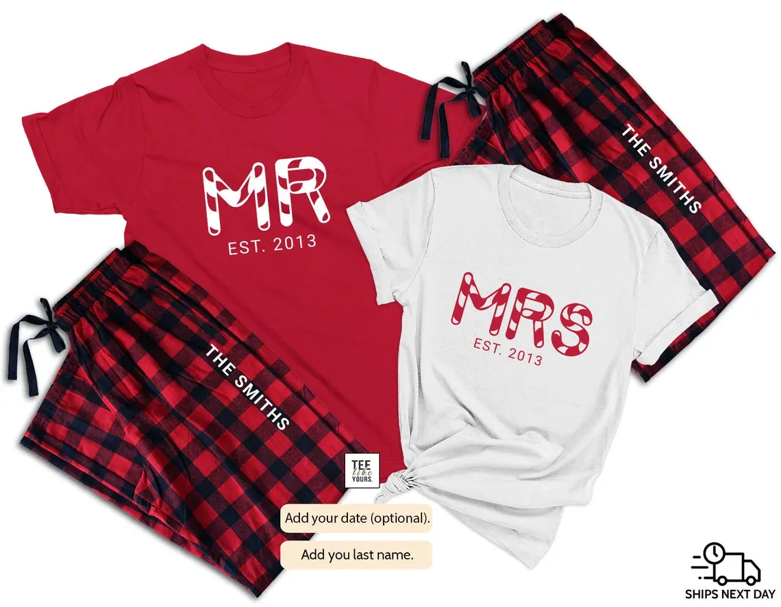 Mr. & Mrs. Couple Christmas Pajamas | Personalized Couple Matching Pajamas | Holiday Pajamas for Husband, Wife | Newlywed Christmas Gift